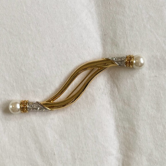 VTG Gold Pearl CZ Diamond Wavy Brooch Pin - Picture 7 of 8
